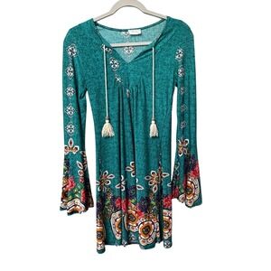 Her She Womens Teal Floral Boho Bell Sleeve Tunic Dress V-Neck Tassels Small